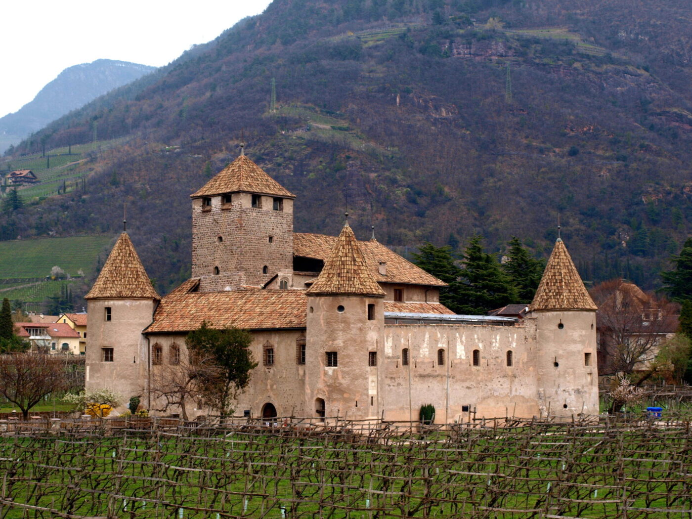 A medieval stone castle with towers and a central keep, encircled by bare vineyards, with forested hills and mountains behind.
