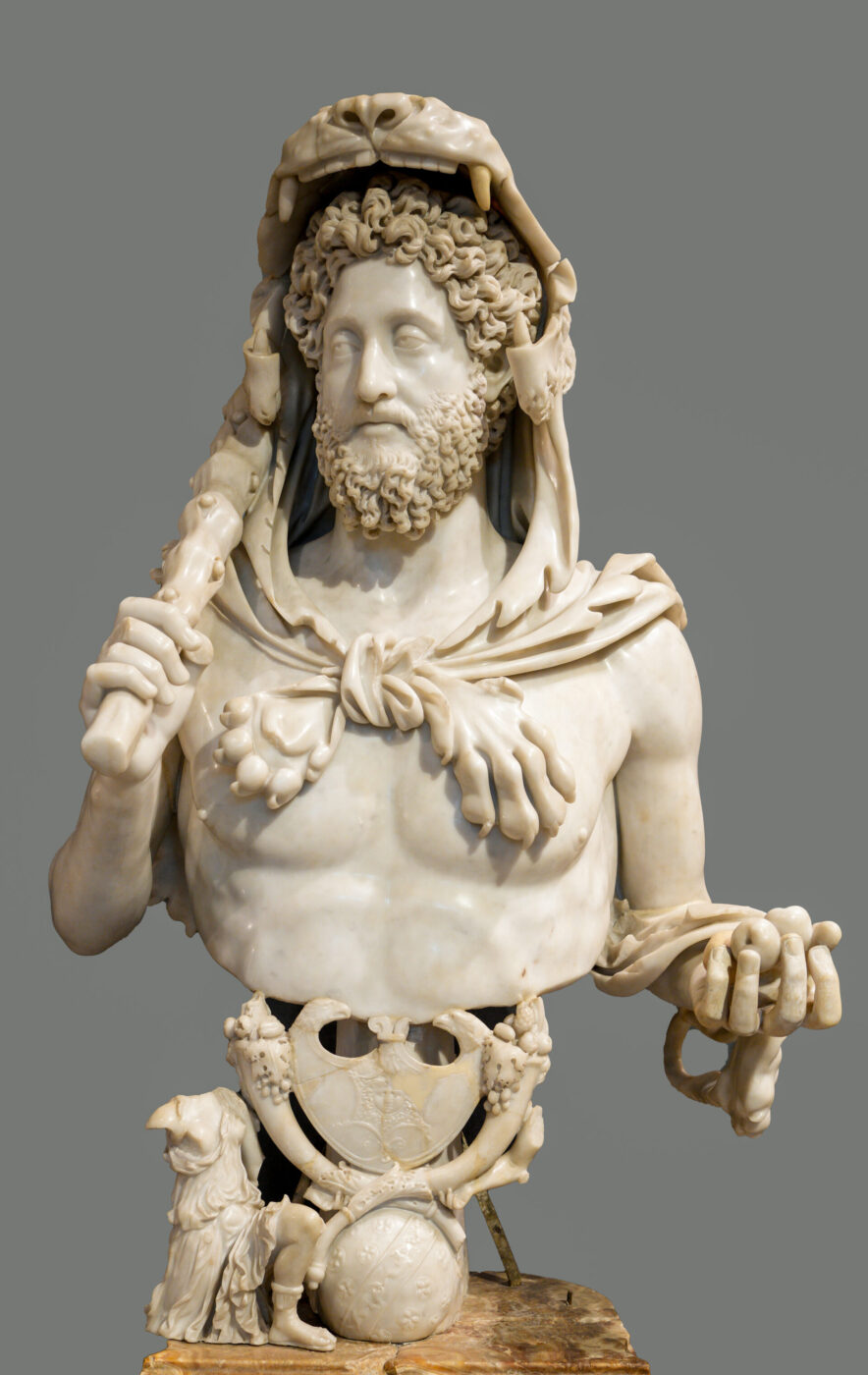 Marble bust of a bearded man with lion skin headdress, gripping club and sphere, wearing ornate sculpted armor, richly detailed.