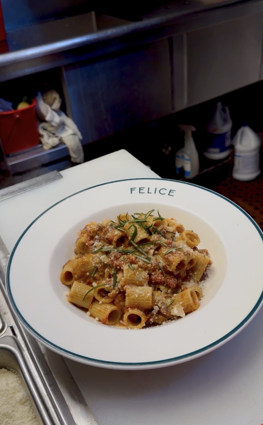 A plate of rigatoni pasta with tomato sauce, cheese, and herbs on a FELICE dish sits on a restaurant kitchen counter.
