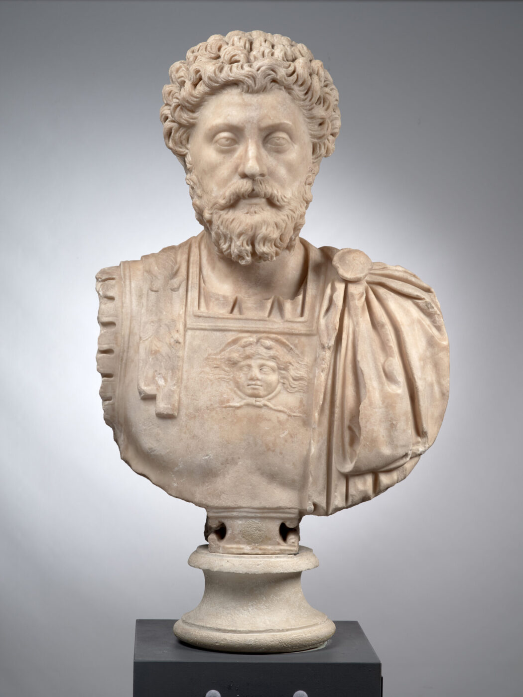 Marble bust of a bearded man with curly hair, draped robe, and Medusa-adorned armor on a pedestal, plain gray background.