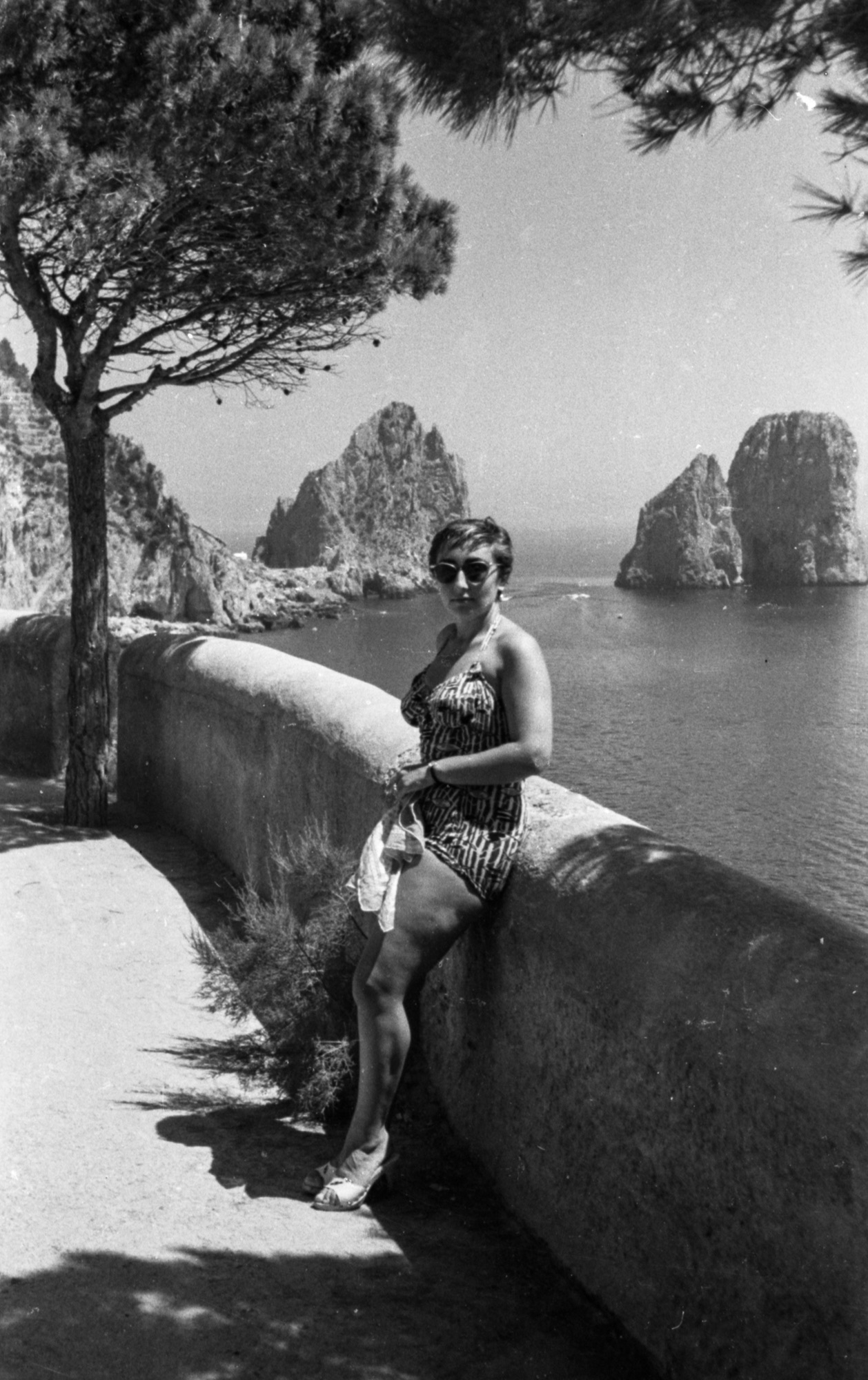A woman in a patterned swimsuit and sunglasses leans on a stone wall by the sea, cliffs and pine trees behind her on a sunny day.