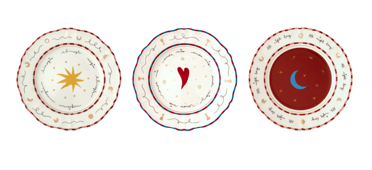 Three decorative plates: gold starburst, red heart, blue crescent moon on red; whimsical borders, handwritten-style text.