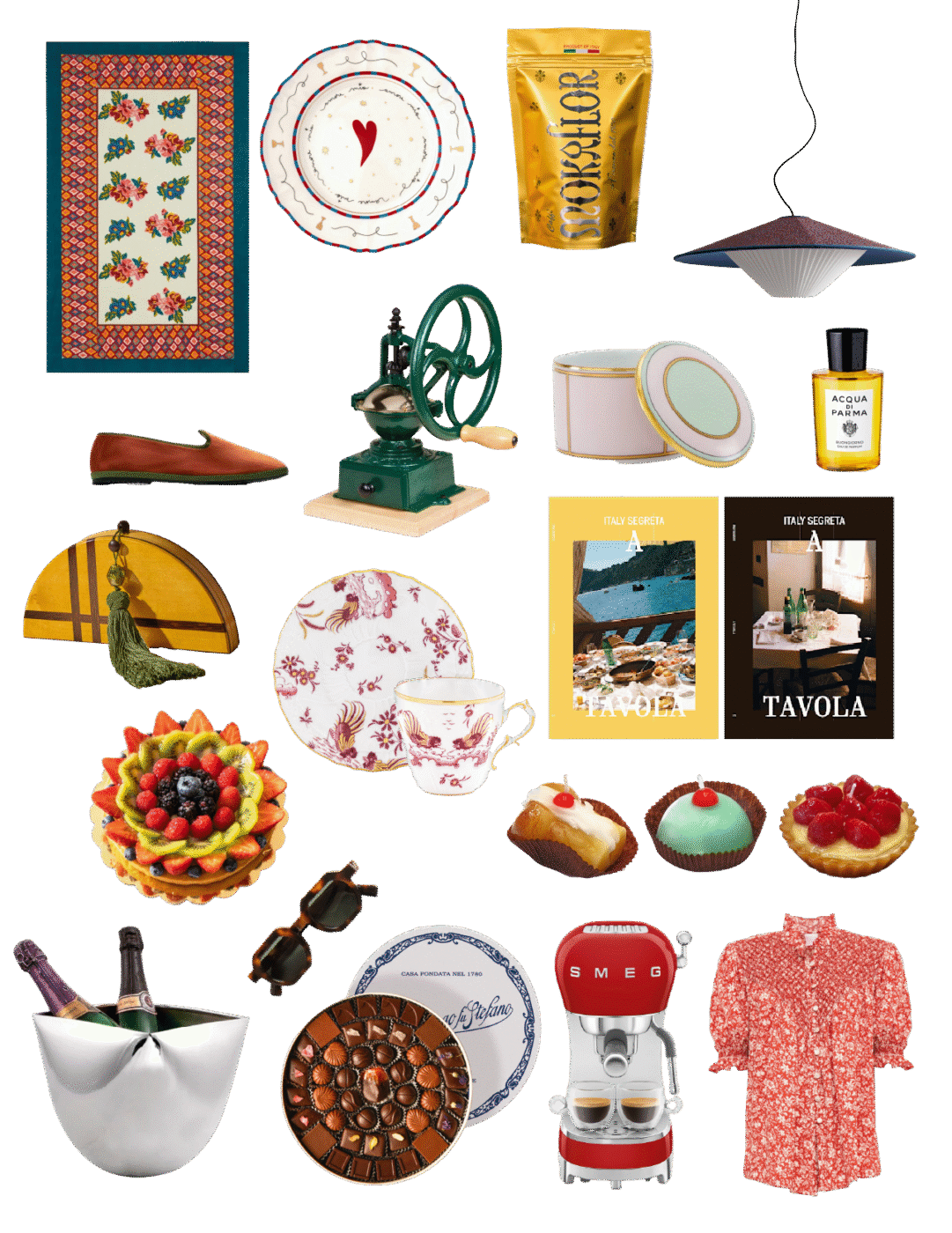 A collage shows tableware, food, drinks, a coffee machine, shirt, books, lamp, perfume, tart & grinder on a light background.