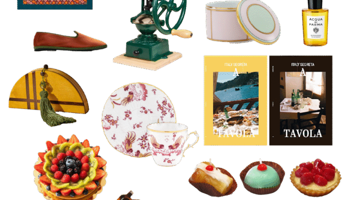 A collage shows tableware, food, drinks, a coffee machine, shirt, books, lamp, perfume, tart & grinder on a light background.