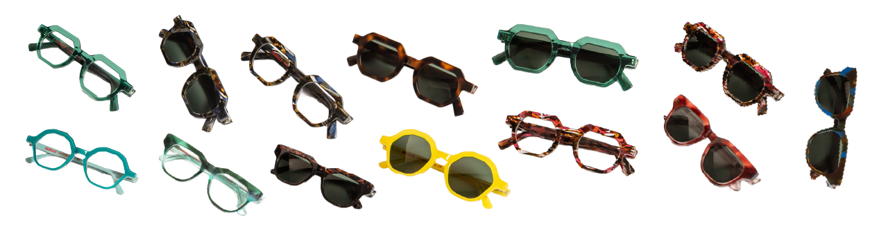 A variety of colorful sunglasses in round, square, and oval frames are arranged diagonally on a white background.