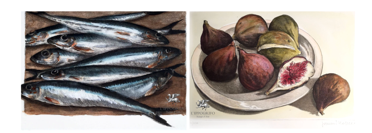 Two realistic drawings: shiny fish on brown paper at left, plate of whole and halved figs at right. Both have artists’ signatures.