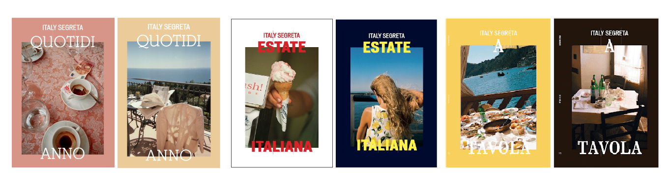 QUOTIDI ANNO, ESTATE ITALIANA, A TAVOLA - Six Italian-themed magazine covers show food, views, and alfresco dining in bold style.