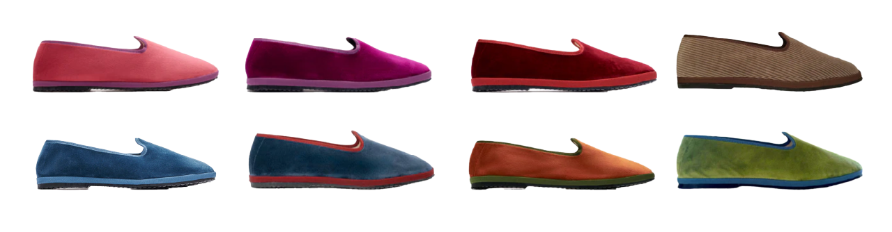 Eight pairs of colorful slippers—red, purple, brown, blue, orange, and green—arranged in two rows on a plain white background.