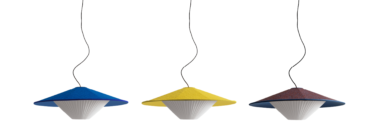 Three cone-shaped pendant lamps in blue, yellow, and red hang in a row on black cords against a plain white background.
