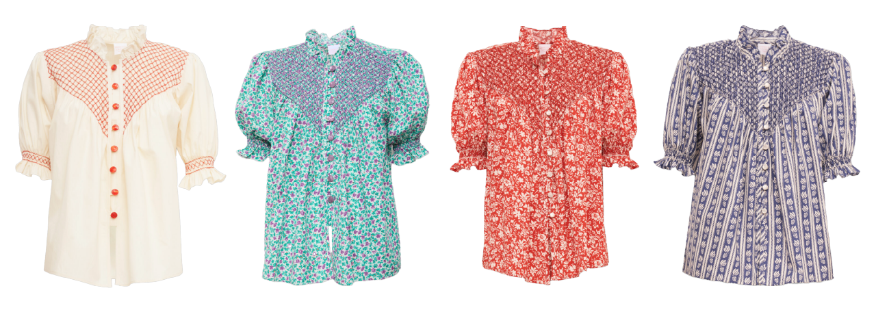 Four vintage blouses with ruffled collars in cream, teal, red, and navy floral or check patterns, lined up on a white background.