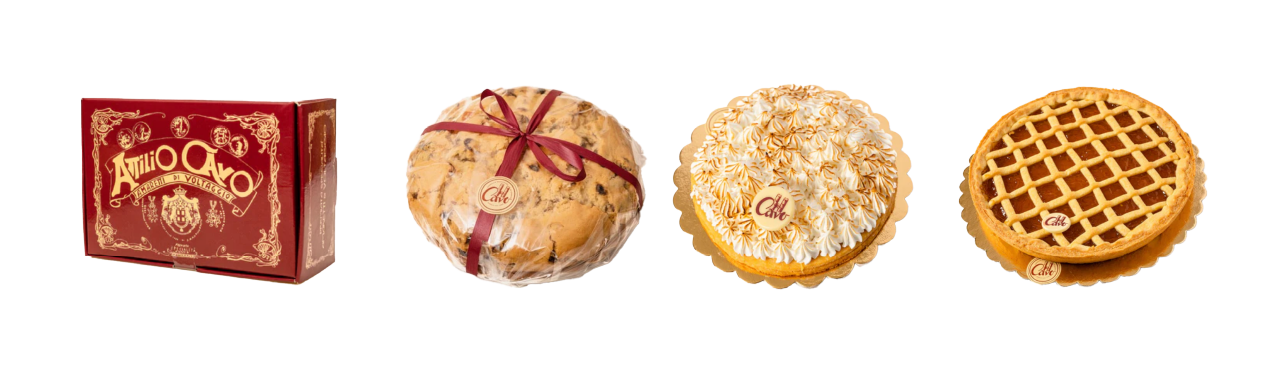 A red ornate box and three desserts—a ribbon-wrapped cake, a whipped cream cake, and lattice pie—on gold trays, white background.