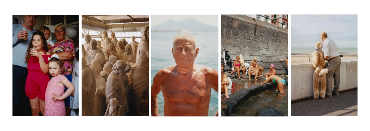 A collage of four photos: family indoors, statues in workshop, tattooed man outside, people by water, couple with poodle seaside.