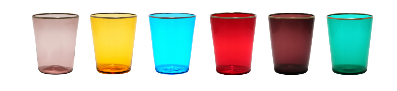 Six tall pastel glasses—pink, yellow, blue, red, purple, green—with gold rims arranged in a row on white.
