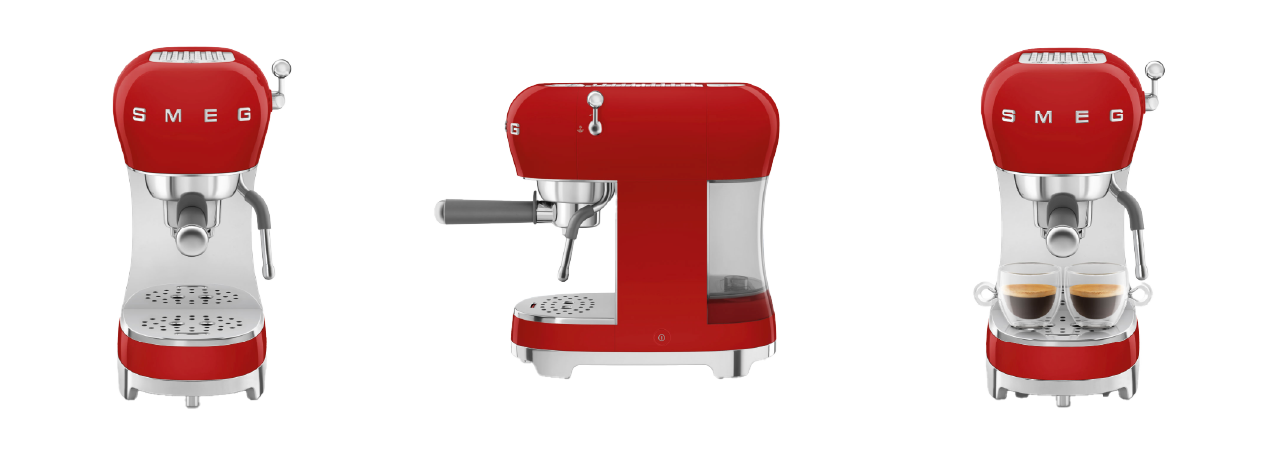 Three angles of a red SMEG espresso machine, retro style with chrome accents; one view shows two small cups beneath the spouts.