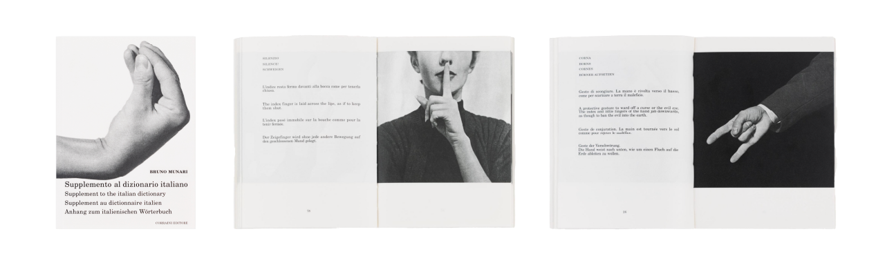 A book cover and two open pages show B&W photos of hands signing, with Italian, German, and French text; cover shows a signing hand.