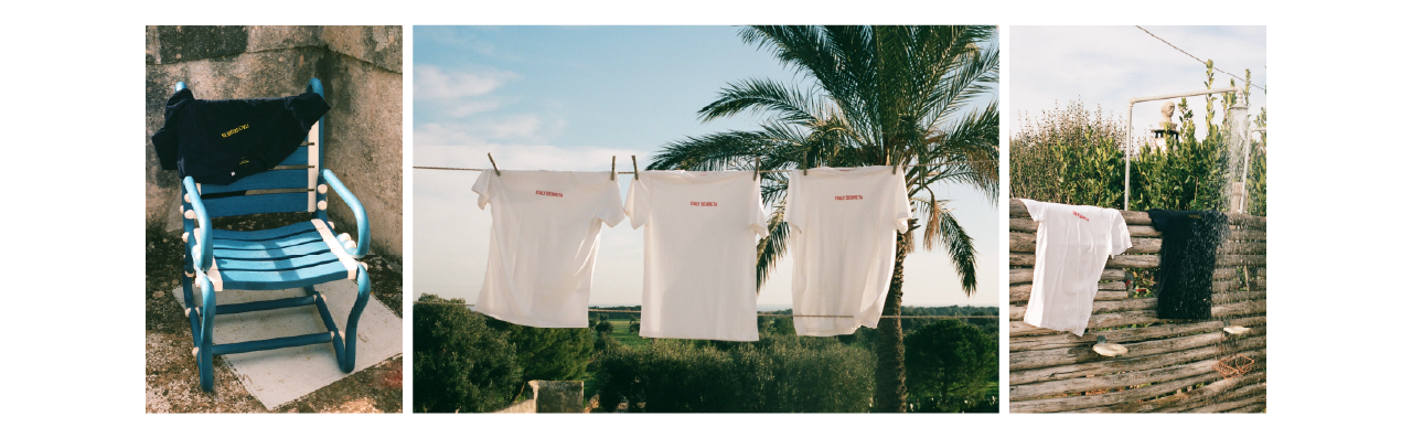 Three photos: blue chair with a dark shirt, three white shirts on a line by a palm, and dark laundry drying on a garden fence.