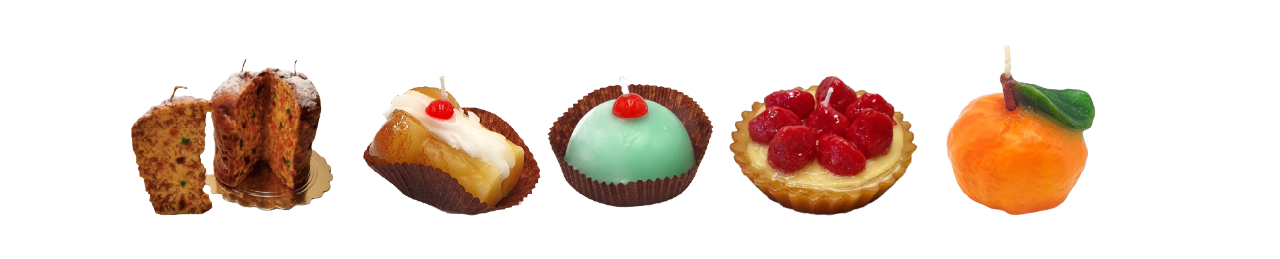 Five realistic dessert-shaped candles—fruitcake, cherry pastry, green treat, raspberry tart, and peach—on a white background.