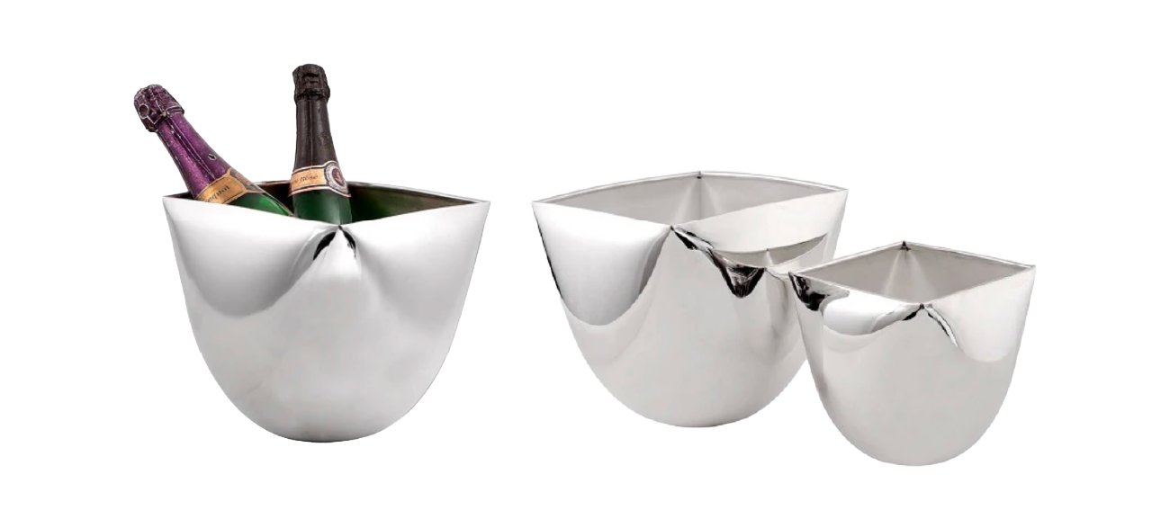 Three shiny silver ice buckets—one filled with two wine bottles, two empty and nested—are set on a plain white background.