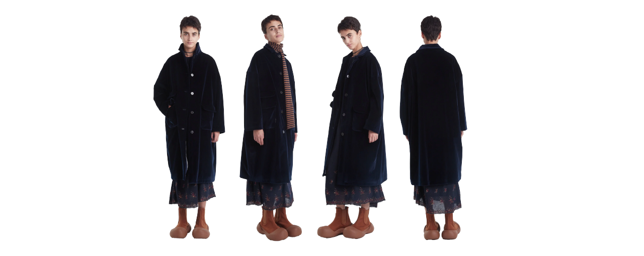 A person in a long dark coat, patterned skirt, striped top & large brown shoes poses front, angle, side & back on white background.