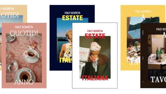 The Italy Segreta Print Trilogy - Three colorful magazine covers highlight Italian food, coffee, summer scenes, and dining moments.