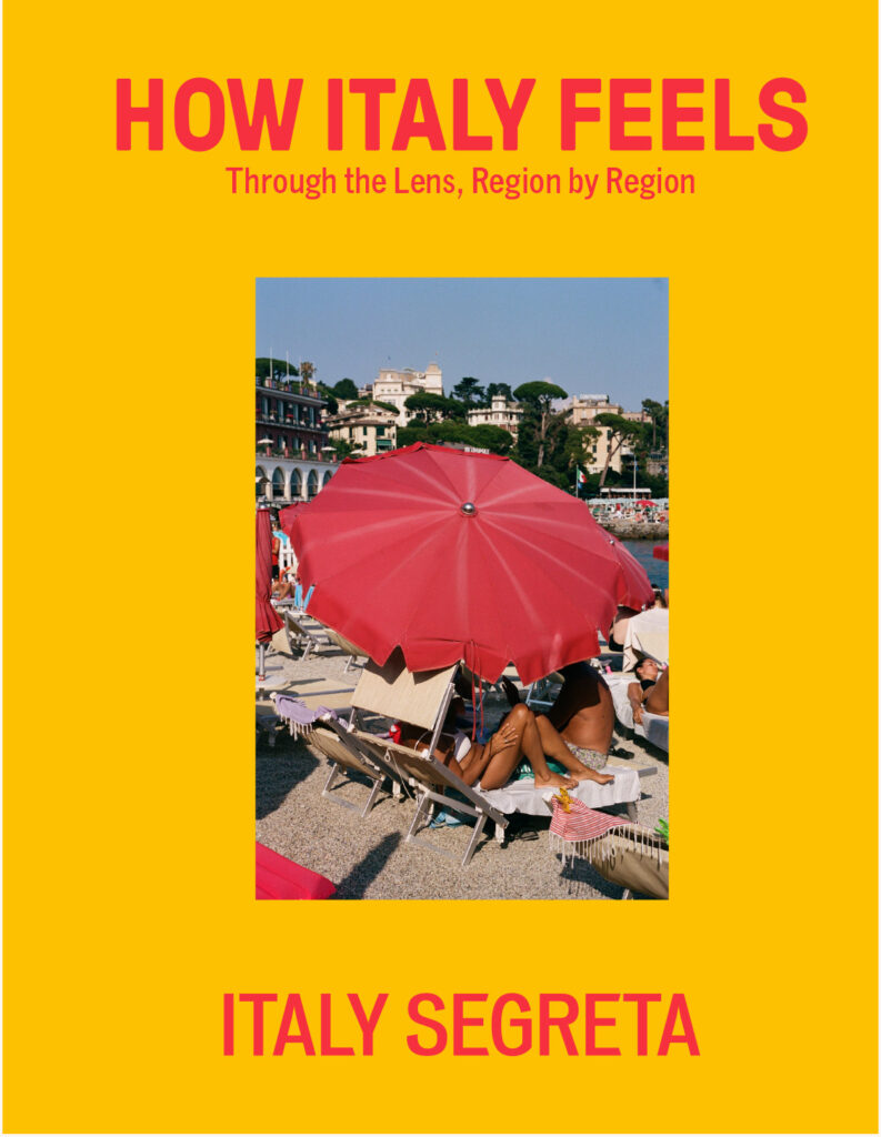 HOW ITALY FEELS - Vibrant yellow book cover with a beach scene, red umbrellas, relaxing people; bold red HOW ITALY FEELS and ITALY SEGRETA.
